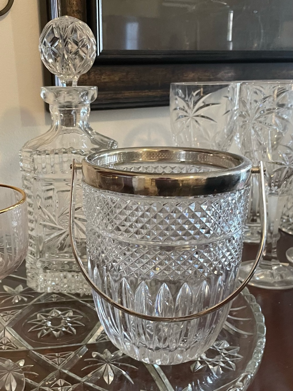 Vintage Crystal Ice Bucket with Silver-Tone Rim and Handle